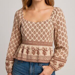 NWT Sim & Sam | Linen Blend Beige Crop Top Boho Indie Long Sleeve | Size Large